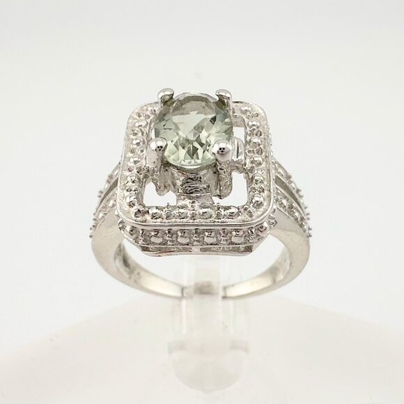 Beautiful Natural Light Green Amethyst Ring with small Diamond - Sterling Silver - Picture 1 of 14